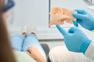 An image of Dentist pointing at a jawbone model to a dental patient